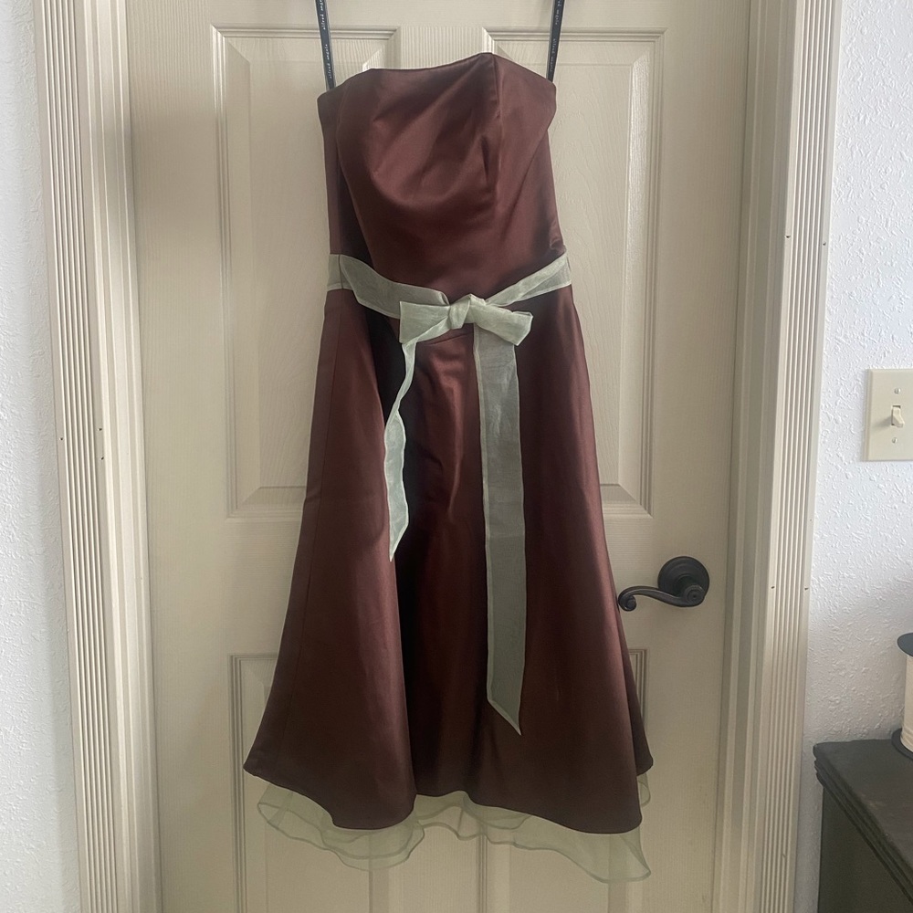 Alfred Angelo Bridesmaid Dress Brown w/ Sage Green Belt SZ 6